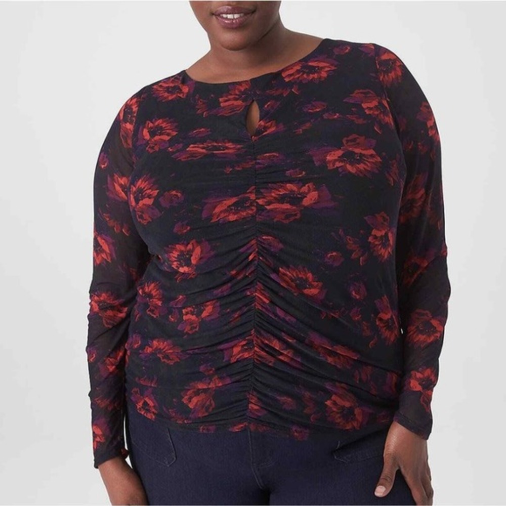 Lane Bryant Fitted Black and Red Floral‎ Ruched-Front Mesh Top size 10-12 large